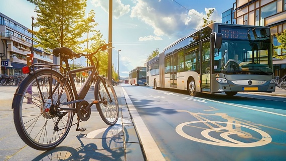 Zum Artikel Straßenszene mit einem Fahrrad im Vordergrund und Bussen im Hintergrund