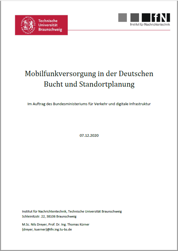 Link öffnet Einzelsicht der Publikation Deckblatt des Berichts „Mobilfunkversorgung in der Deutschen Bucht und Standortplanung“