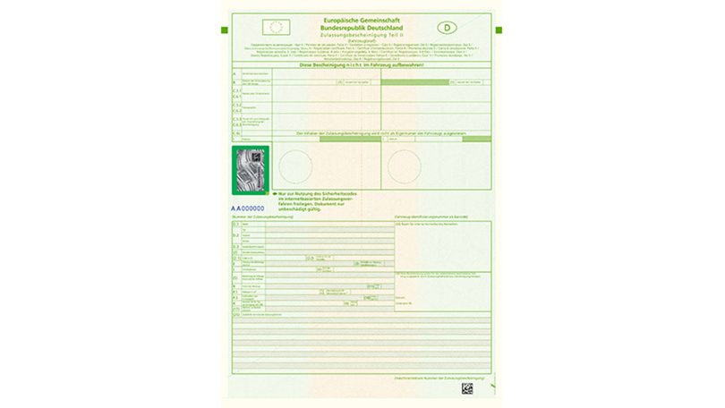 Zulassungsbescheinigung Teil II Fahrzeugbrief mit Sicherheitscode Zulassungsbescheinigung Teil II Fahrzeugbrief mit Sicherheitscode