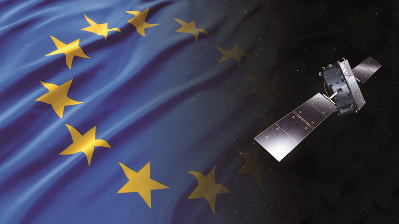 Illustration of a satellite in the orbit besides a flag of the European Union Illustration of a satellite in the orbit besides a flag of the European Union