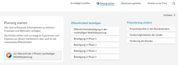 Geöffnetes Menü „Planung starten“ Geöffnetes Menü „Planung starten“