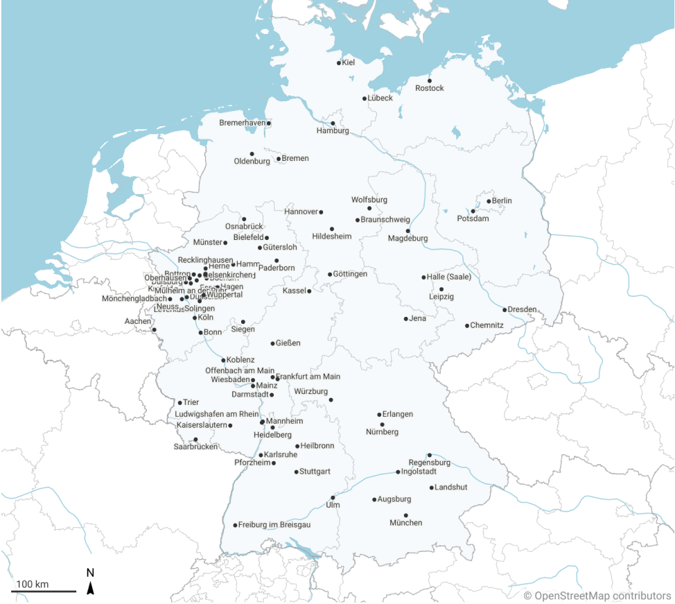 Die Grafik zeigt eine Deutschlandkarte mit 78 städtischen Knotenpunkten. Die Grafik zeigt eine Deutschlandkarte mit 78 städtischen Knotenpunkten.